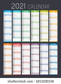 Year 2021 colorful calendar, with weeks numbers, on black background. Vector template.