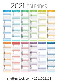 Year 2021 colorful calendar, with weeks numbers, on white background. Vector template.