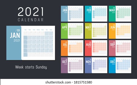 Year 2021 colorful minimalist monthly calendar on black background. Week starts Sunday. Vector template.