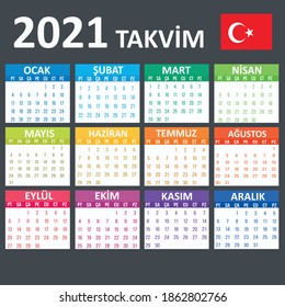 Year 2021 colorful monthly calendar, in Turkish language, on black background. Vector template.