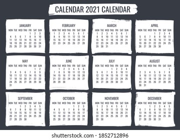 Year 2021 contemporary vector monthly calendar. Hand drawn white brush stroke design over black background. Week starting from Monday.