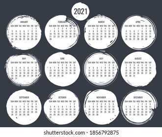 Year 2021 contemporary vector monthly calendar. Hand drawn white circle brush stroke design over dark gray background. Week starting from Sunday.