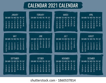 Year 2021 contemporary vector monthly calendar. Hand drawn muted blue brush stroke design. Week starting from Sunday