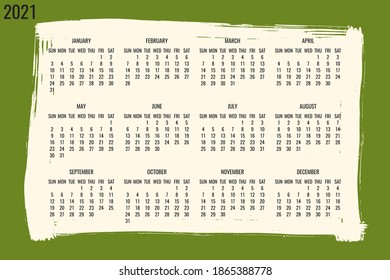 Year 2021 contemporary vector monthly calendar. Hand drawn brush stroke green design. Week starting from Sunday