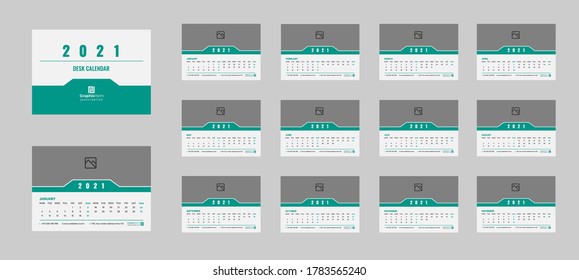 Plantilla de diseño de vectores de calendario de escritorio para el año 2021, diseño simple y limpio. Calendario para el año 2021 sobre fondo blanco para la organización y las empresas. La semana empieza el domingo