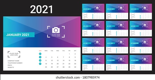 Jahr 2021 Schreibtisch Kalender Vektorgrafik, einfach und sauber Design. 
