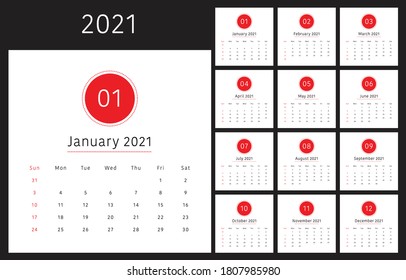 Jahr 2021 Schreibtisch Kalender Vektorgrafik, einfach und sauber Design. 
