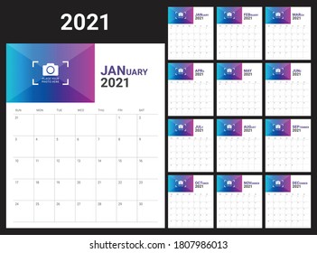 Year 2021 desk calendar vector illustration, simple and clean design. 
