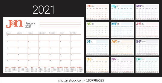 Year 2021 desk calendar vector illustration, simple and clean design. 
