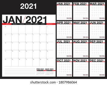 Year 2021 desk calendar vector illustration, simple and clean design. 
