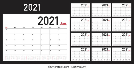Ilustración vectorial del calendario de escritorio del año 2021, diseño simple y limpio. 
