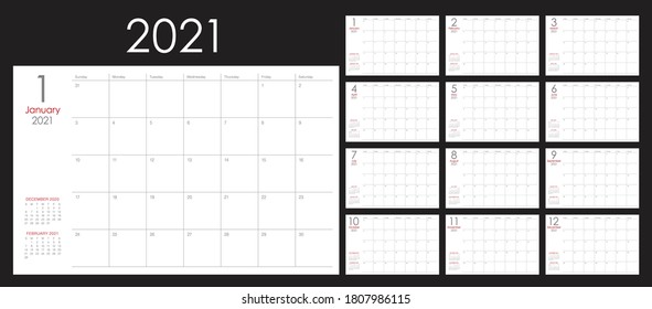 Jahr 2021 Schreibtisch Kalender Vektorgrafik, einfach und sauber Design. 
