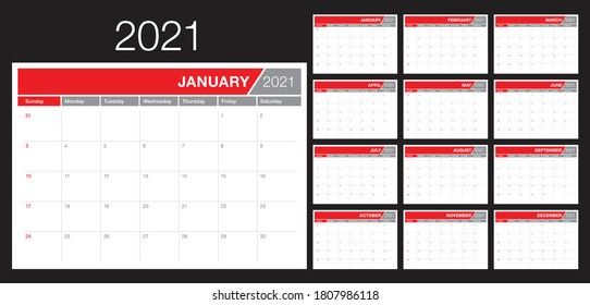 Ilustración vectorial del calendario de escritorio del año 2021, diseño simple y limpio. 
