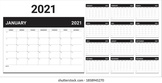 Year 2021 desk calendar vector illustration, simple and clean design. 
