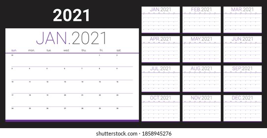 Year 2021 desk calendar vector illustration, simple and clean design. 
