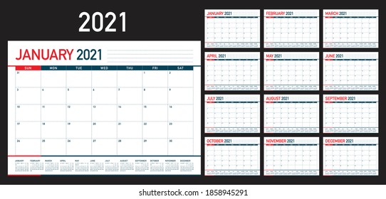 Year 2021 desk calendar vector illustration, simple and clean design. 
