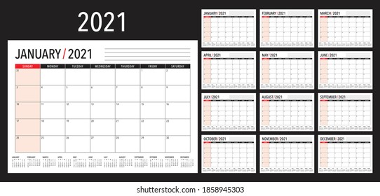 Year 2021 desk calendar vector illustration, simple and clean design. 
