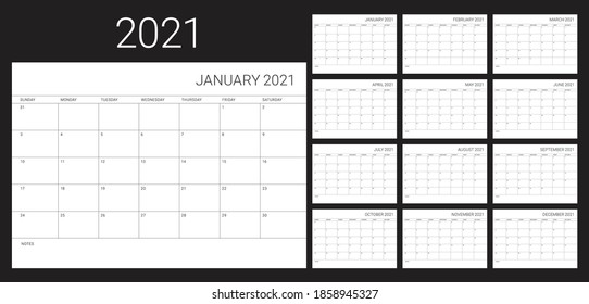 Ilustración vectorial del calendario de escritorio del año 2021, diseño simple y limpio. 
