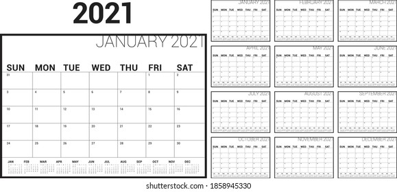 Year 2021 desk calendar vector illustration, simple and clean design. 
