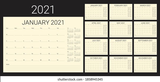 Year 2021 desk calendar vector illustration, simple and clean design. 
