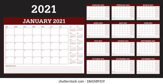 Year 2021 desk calendar vector illustration, simple and clean design. 
