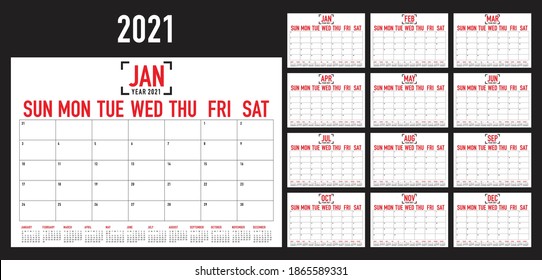 Ilustración vectorial del calendario de escritorio del año 2021, diseño simple y limpio. 
