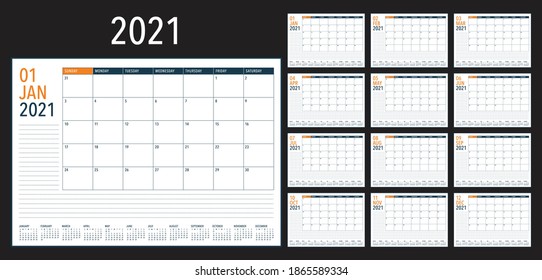 Year 2021 desk calendar vector illustration, simple and clean design. 
