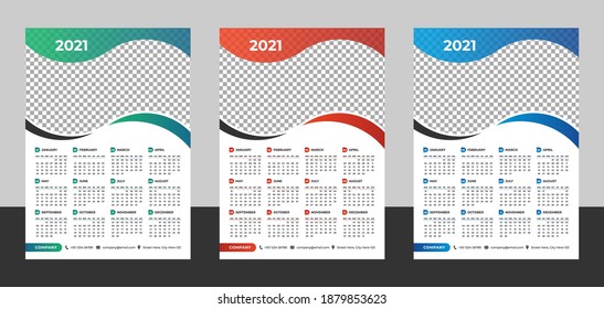 Year 2021 horizontal vector calendar design template, simple, clean and elegant design. Calendar for 2021 on White Background for branding and business advertising. Week Starts on Monday.