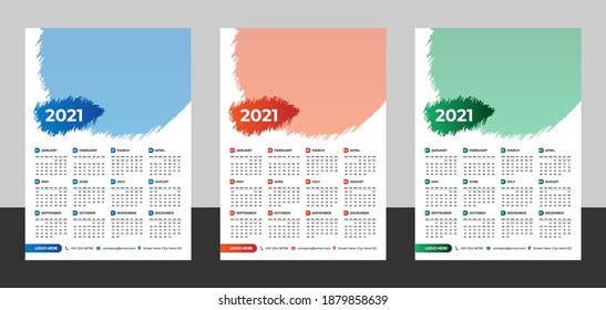 Plantilla de diseño de calendario vectorial horizontal de 2021, diseño sencillo, limpio y elegante. Calendario para 2021 sobre fondo blanco para publicidad de marca y de negocios. La semana empieza el lunes.