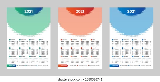Jahr 2021 horizontale Vektorkalender-Design-Vorlage, einfach, sauber und elegant. Kalender für 2021 auf weißem Hintergrund für Branding und Unternehmenswerbung. Die Woche beginnt am Montag.