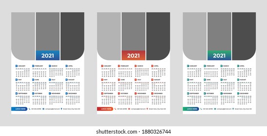 Plantilla de diseño de calendario vectorial horizontal de 2021, diseño sencillo, limpio y elegante. Calendario para 2021 sobre fondo blanco para publicidad de marca y de negocios. La semana empieza el lunes.