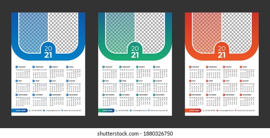 Plantilla de diseño de calendario vectorial horizontal de 2021, diseño sencillo, limpio y elegante. Calendario para 2021 sobre fondo blanco para publicidad de marca y de negocios. La semana empieza el lunes.