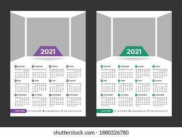 Year 2021 horizontal vector calendar design template, simple, clean and elegant design. Calendar for 2021 on White Background for branding and business advertising. Week Starts on Monday.
