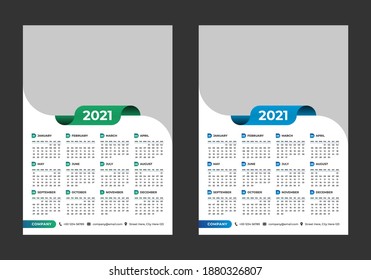 Year 2021 horizontal vector calendar design template, simple, clean and elegant design. Calendar for 2021 on White Background for branding and business advertising. Week Starts on Monday.