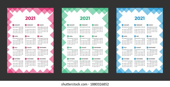 Plantilla de diseño de calendario vectorial horizontal de 2021, diseño sencillo, limpio y elegante. Calendario para 2021 sobre fondo blanco para publicidad de marca y de negocios. La semana empieza el lunes.