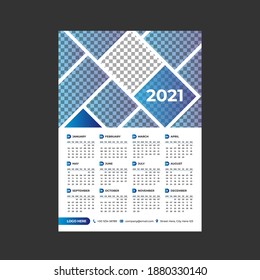 Year 2021 horizontal vector calendar design template, simple, clean and elegant design. Calendar for 2021 on White Background for branding and business advertising. Week Starts on Monday.