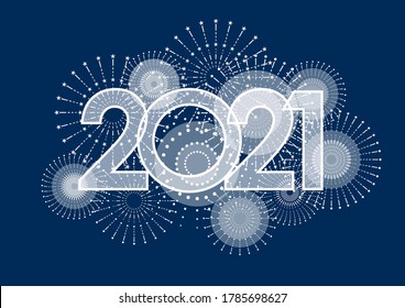 The Year 2021 Logo And Fireworks Illustration Isolated On A Dark Background,  Vector illustration. 