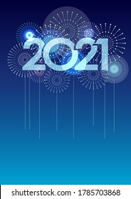 The Year 2021 Logo And Fireworks With Text Space, On A Blue Background, Vector illustration. 