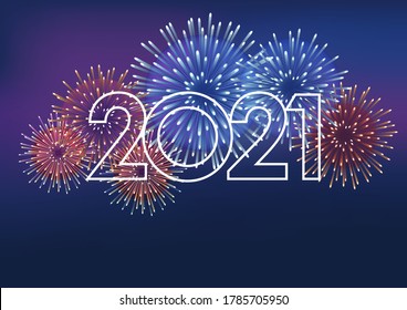 The Year 2021 Logo And Fireworks With Text Space On A Dark Background, Vector illustration. 