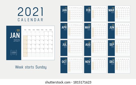 Year 2021 minimalist monthly calendar. Week starts Sunday. Vector template.