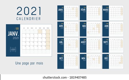 Year 2021 minimalist monthly calendar, in French language. Week starts Monday. Vector template.