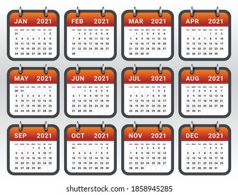 Ilustración vectorial del calendario mensual de 2021, diseño simple y limpio. 