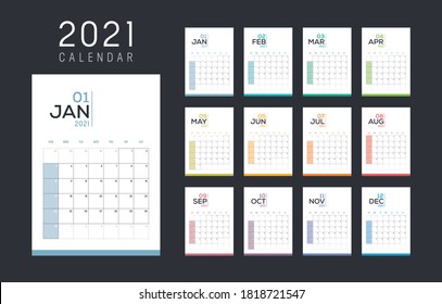 Year 2021 monthly calendar. Week starts Sunday. Vector template.