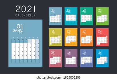 Year 2021 monthly colorful calendar, in French language. Vector template.