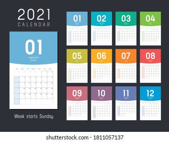 Year 2021 monthly desk calendar. Week starts Sunday. Vector template.