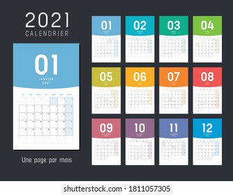 Year 2021 monthly desk calendar, in French language. Vector template.