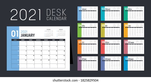 Year 2021 monthly desk calendar. Week starts Sunday. Vector template.