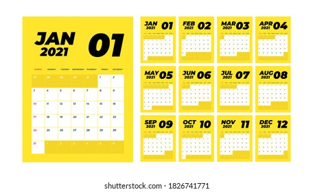 Year 2021 monthly desk calendar. Week starts Sunday. Calendar 2021 template. Calendar planning week.