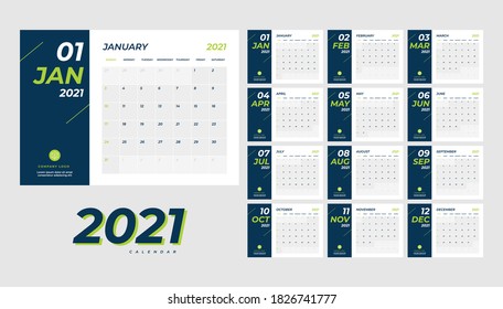 Year 2021 monthly desk calendar. Week starts Sunday. Calendar 2021 template. Calendar planning week.