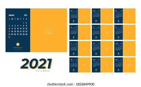 Year 2021 monthly desk calendar. Week starts Sunday. Calendar 2021 template with place for photo and company logo.